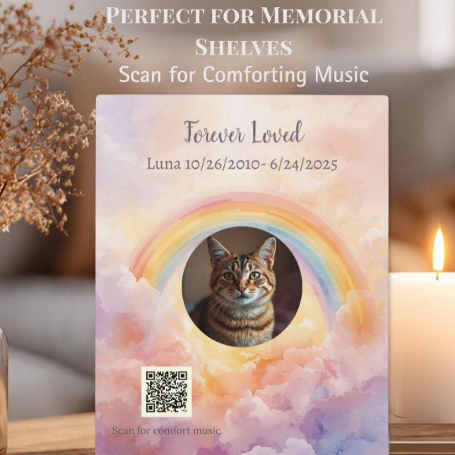 Personalised Rainbow Bridge Musical Memorial Plaque (Custom rainbow bridge pet memorial desk plaque with photo & scannable Spotify grief playlist.)