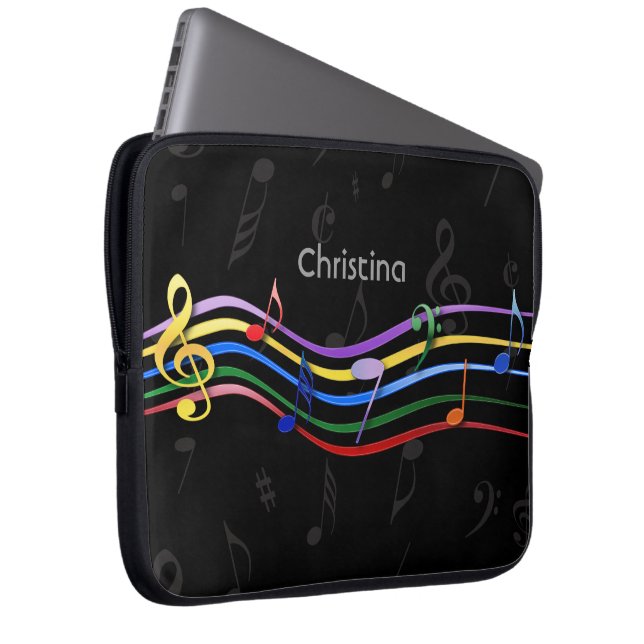 Personalised Rainbow Coloured Music Notes Laptop Sleeve (Front Right)