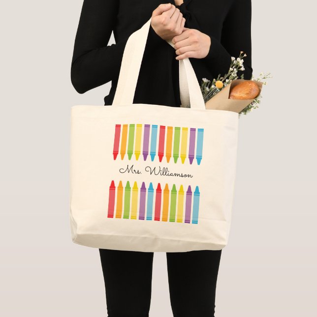 Personalised Rainbow Crayons Teacher Appreciation Large Tote Bag (Front (Product))