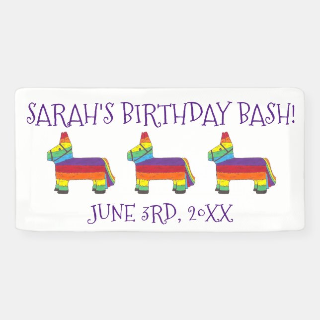 Personalised Rainbow Donkey Piñata Birthday Party Banner (Horizontal)