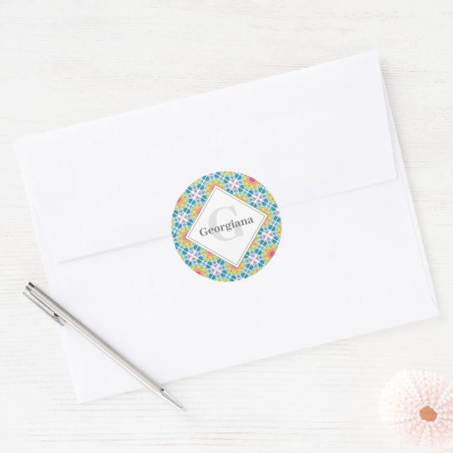 Personalised Rainbow Floral Mandala Diamond Tile Classic Round Sticker (Envelope)