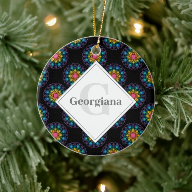 Personalised Rainbow Floral Polka Dot Mandala Ceramic Tree Decoration (Tree)
