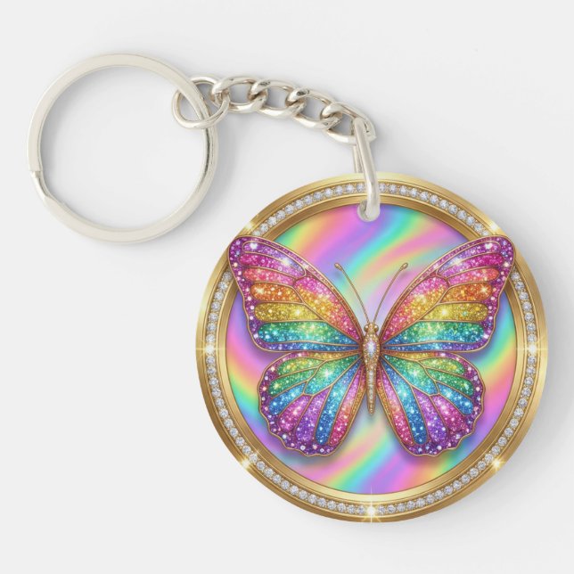 Personalised Rainbow Glitter Butterfly Name  Key Ring (Front)