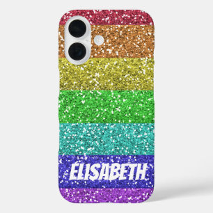Personalised Rainbow Glitter Stripes iPhone 16 Case