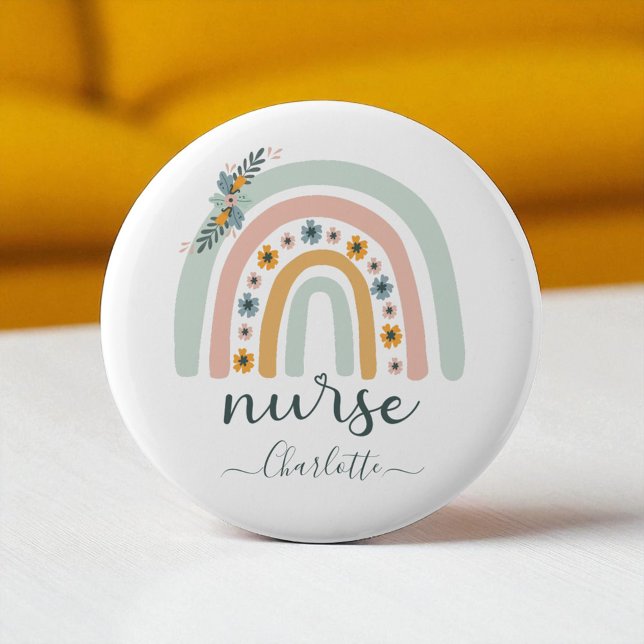 Personalised Rainbow Nurse Name Gift For Nurse 6 Cm Round Badge (Creator Uploaded)