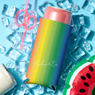 Personalised Rainbow Pattern Script Monogram Seltzer Can Cooler