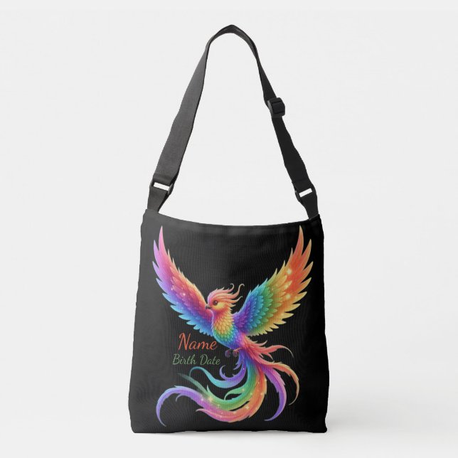 Personalised Rainbow Phoenix Name Birthdate Gift Crossbody Bag (Front)