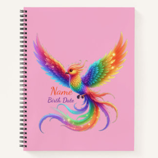 Personalised Rainbow Phoenix Name Birthdate Gift Notebook