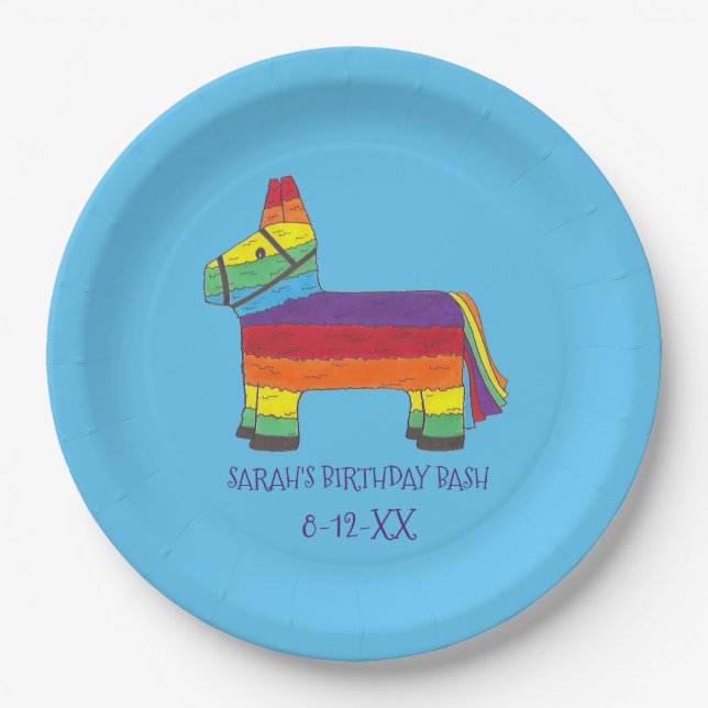 Personalised Rainbow Piñata Donkey Birthday Party Paper Plate (Front)