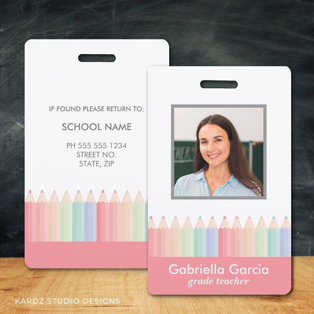 Personalised Rainbow School Teacher ID badge (Teacher Photo Name ID Badge with rainbow pencils)