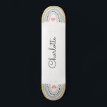 Personalised Rainbow Skateboard<br><div class="desc">A whimsical personalised boho style girly pink blue mustard boho style rainbow on each end of the skateboard,  with a little pink heart in the middle.</div>