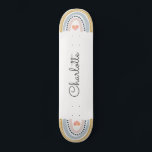 Personalised Rainbow Skateboard<br><div class="desc">A whimsical personalised boho style girly pink blue mustard boho style rainbow on each end of the skateboard, with a little pink heart in the middle.</div>