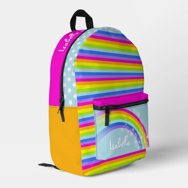 Personalised rainbow sky blue pink kids school  printed backpack (Back Corner Left)