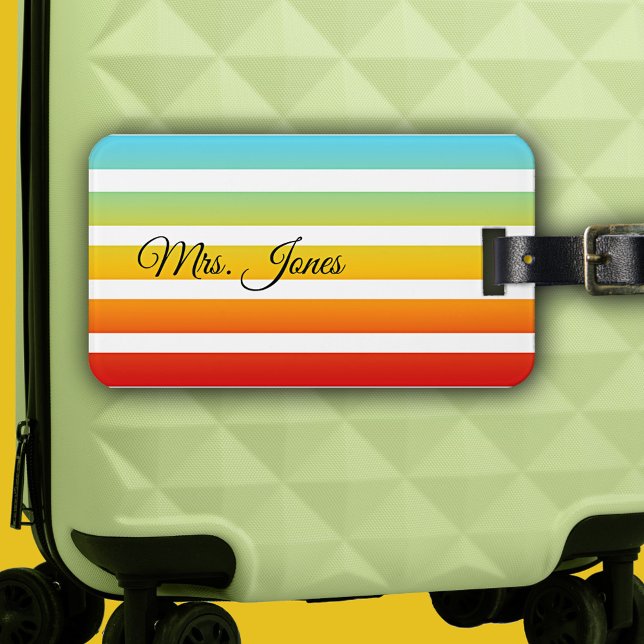 Personalised Rainbow Striped Luggage Tag (Elegant luggage tag featuring a festive rainbow colored stripe pattern on your own background color)