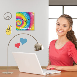 Personalised Rainbow Tie-Dye 60s Hippie Vibe Square Wall Clock