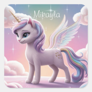 Personalised Rainbow Unicorn Cat Square Sticker
