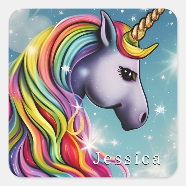 Personalised Rainbow Unicorn Name Square Sticker (Front)