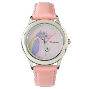 Personalised Rainbow Unicorn Pastel Pink Girl's Watch