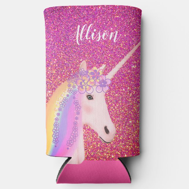 Personalised Rainbow Unicorn Pink Glitter Girls  Seltzer Can Cooler (Front)