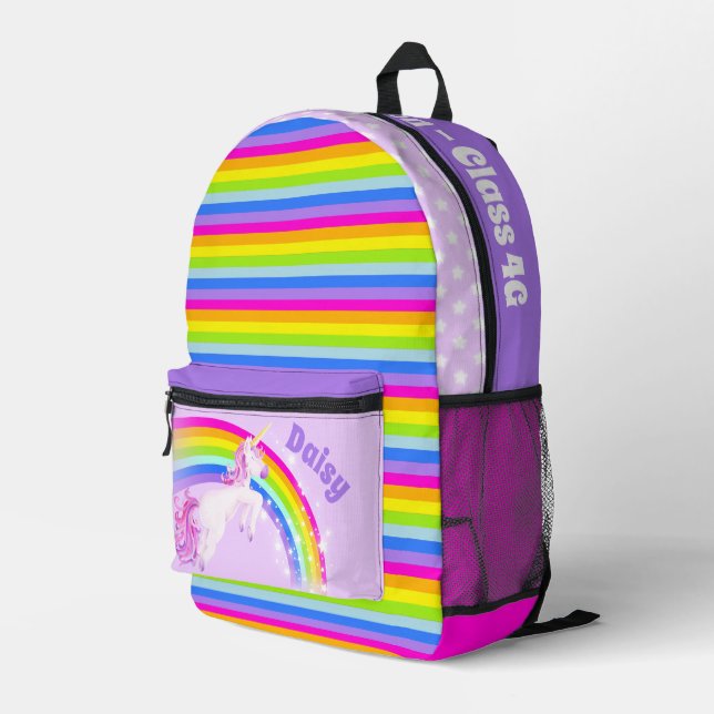 Personalised rainbow unicorn purple pink kids printed backpack (Back Corner Right)