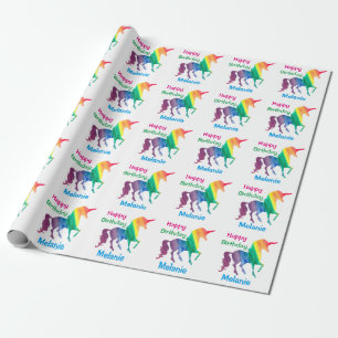 Personalised Rainbow Unicorns Happy Birthday Kids Wrapping Paper