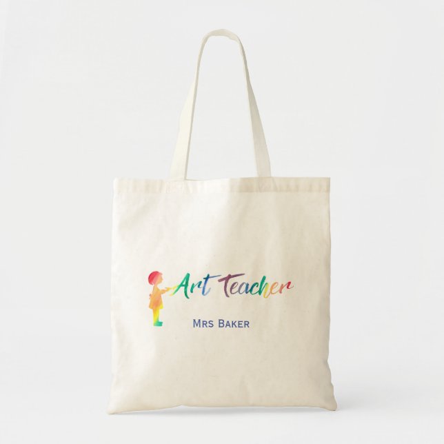 Personalised Rainbow Watercolor Art Teacher Unique Tote Bag (Front)