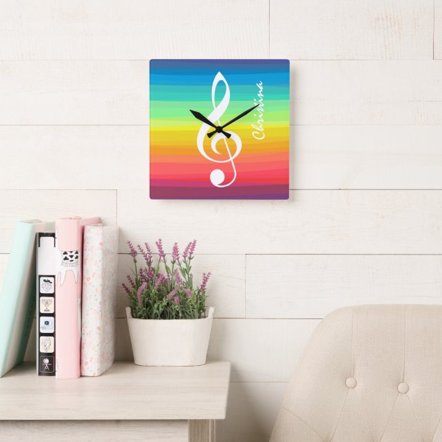 Personalised Rainbow Watercolor Treble Clef Square Wall Clock (Reading Room)