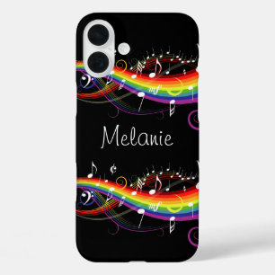 Personalised Rainbow White Music Notes on Black iPhone 16 Plus Case