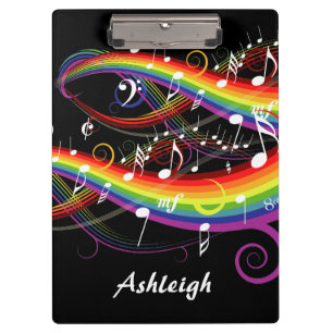 Personalised Rainbow White Music Notes on Black Clipboard