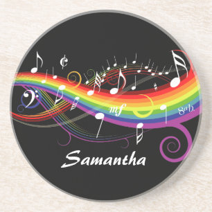Personalised Rainbow White Music Notes on Black Coaster