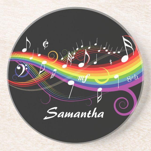 Personalised Rainbow White Music Notes on Black Coaster (Front)