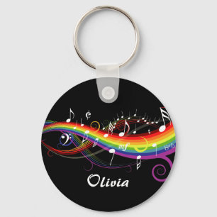 Personalised Rainbow White Music Notes on Black Key Ring