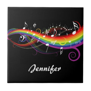 Personalised Rainbow White Music Notes on Black Tile