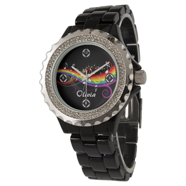 Personalised Rainbow White Music Notes on Black Watch (Angled)