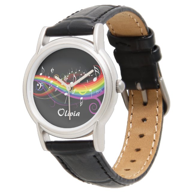 Personalised Rainbow White Music Notes on Black Watch (Angled)