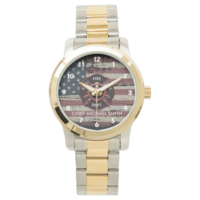 Personalised Rank Firefighter American Flag  Watch (Front)