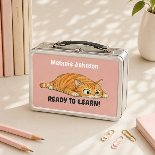 Personalised Ready to Learn Orange Cat Pink  Metal Lunch Box