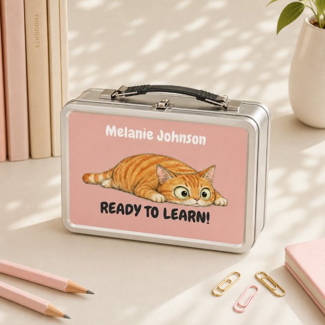 Personalised Ready to Learn Orange Cat Pink  Metal Lunch Box (Personalized Ready to Learn Orange Cat Pink Metal Lunch Box)