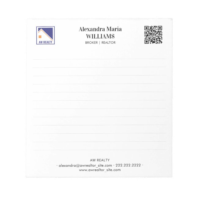 Personalised Realtor Logo QR Code Lined Business Notepad (Front)