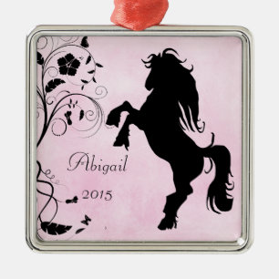 Personalised Rearing Silhouette Horse Pink Black Metal Tree Decoration