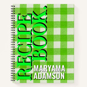 Personalised Recipe Book.   Green Gingham Plaid Notebook
