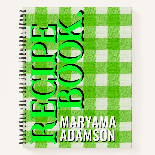 Personalised Recipe Book. | Green Gingham Plaid Notebook (Front)
