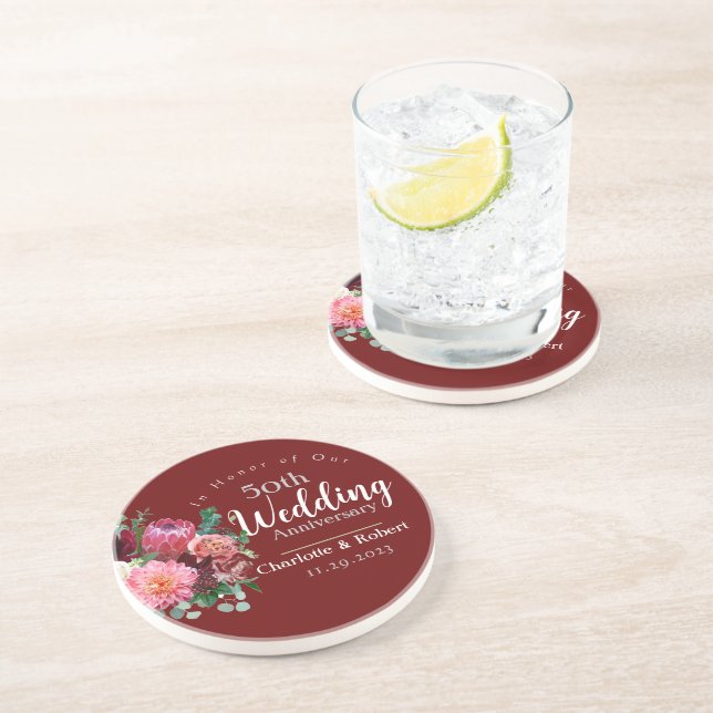 Personalised Red 50th Couples Wedding Anniversary  Coaster (Side)