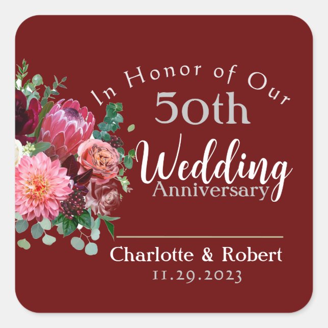 Personalised Red 50th Couples Wedding Anniversary  Square Sticker (Front)
