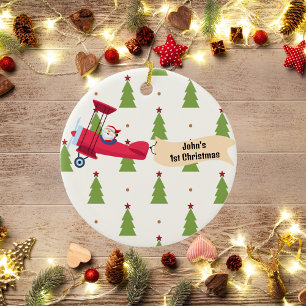 Personalised,Red Aeroplane & Santa, First Christma Ceramic Tree Decoration