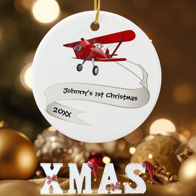 Personalised,Red Aeroplane & Santa, First Christma Ceramic Tree Decoration (Creator Uploaded)