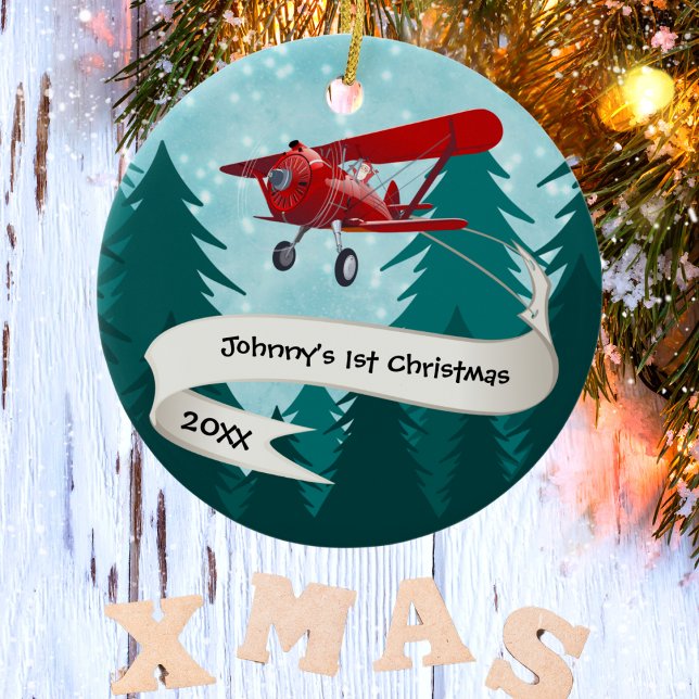 Personalised,Red Aeroplane & Santa, First Christma Ceramic Tree Decoration (Creator Uploaded)