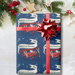 Personalised,Red Aeroplane & Santa, First Christma Wrapping Paper