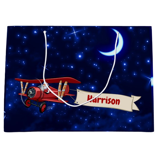 Personalised,Red Aeroplane & Santa, Merry Christma Large Gift Bag (Front)