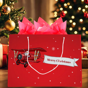 Personalised,Red Aeroplane & Santa, Merry Christma Large Gift Bag